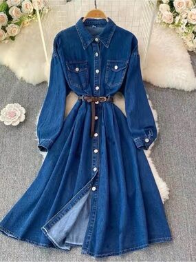 Classic Blue Denim Shirt Dress with Belt